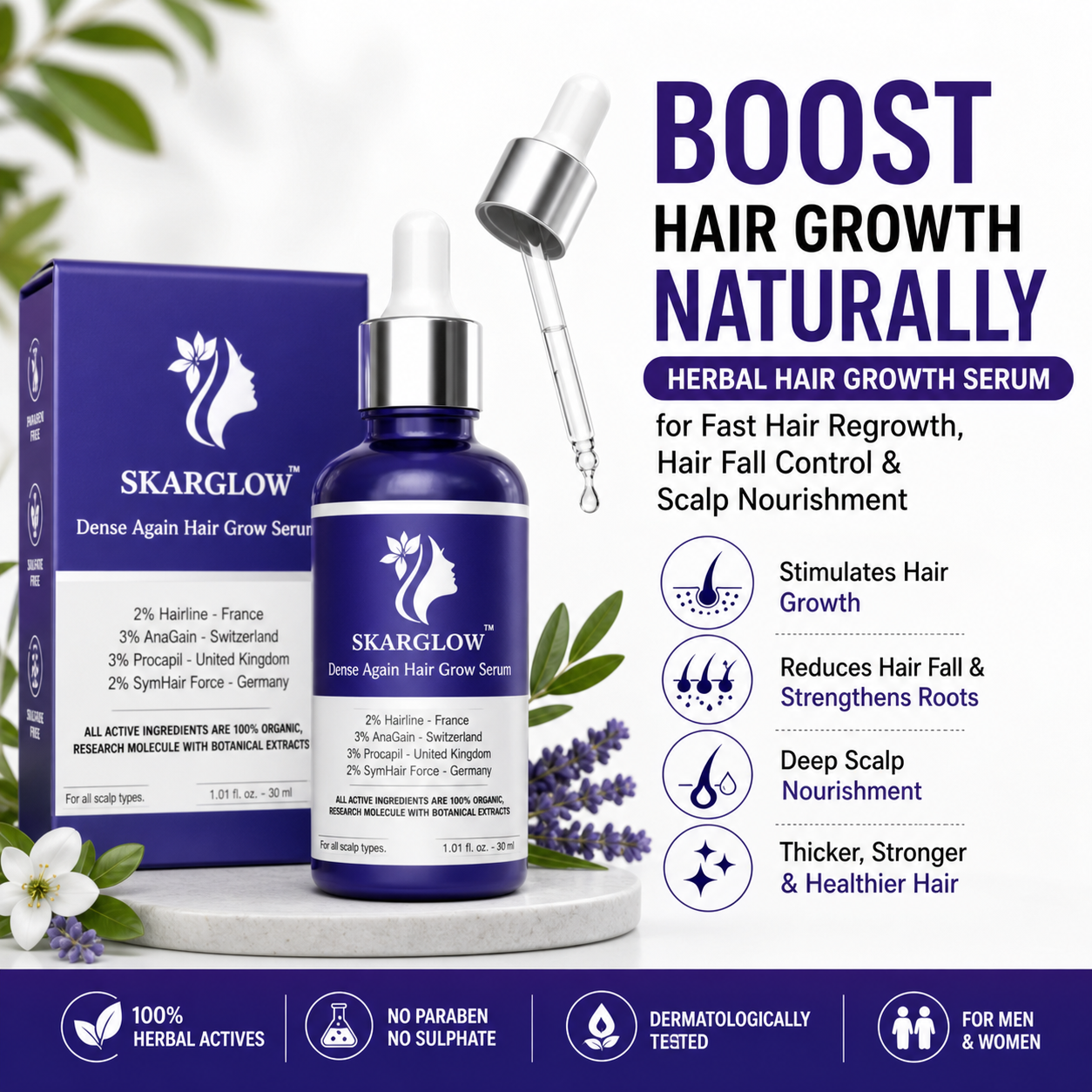 SKARGLOW Hair Growth Serum for Men & Women | Controls Hair Fall & Boosts Hair Growth