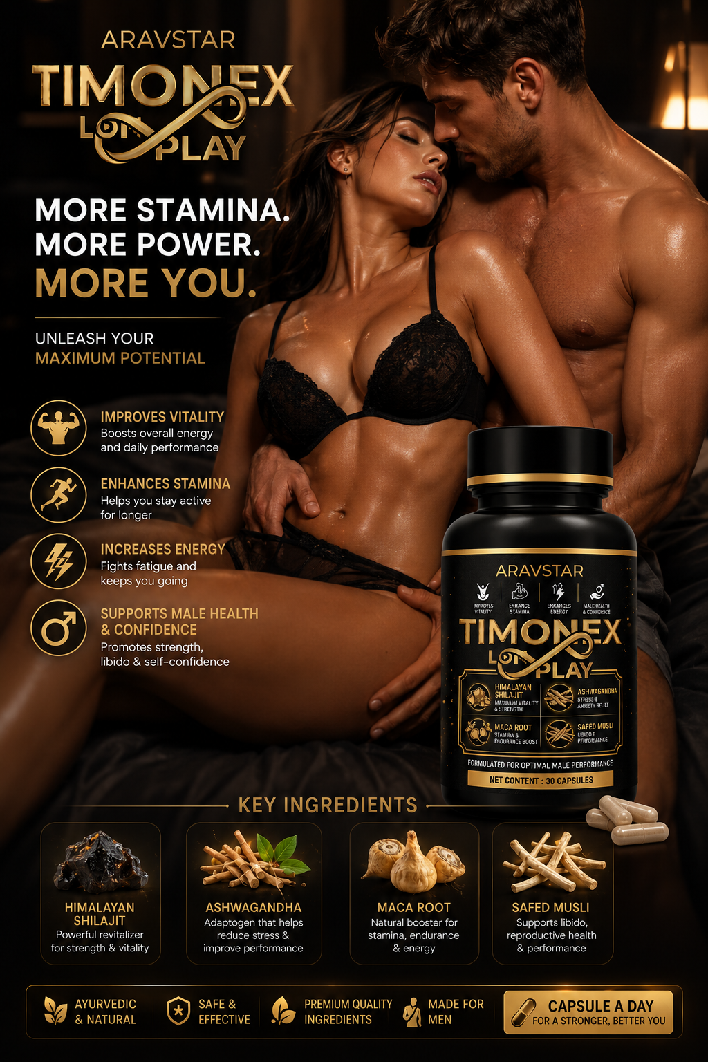 Timonex Long Play Capsule | Shilajit, Ashwagandha & Safed Musli | 30 Count