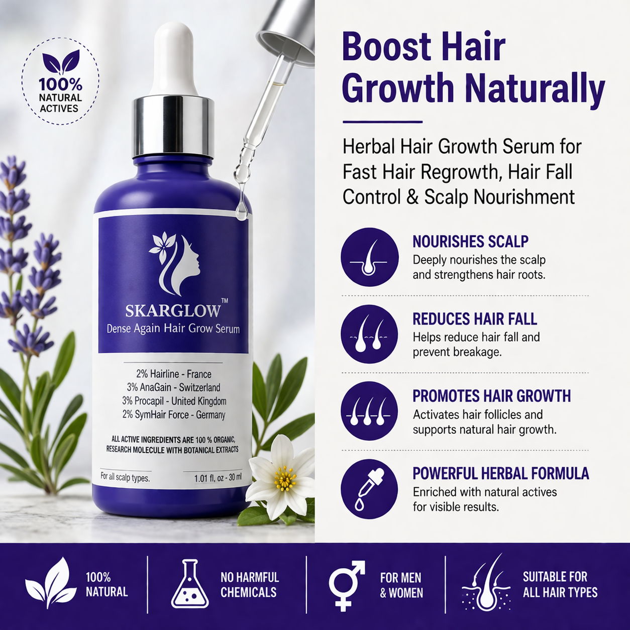 SKARGLOW Hair Growth Serum for Men & Women | Controls Hair Fall & Boosts Hair Growth